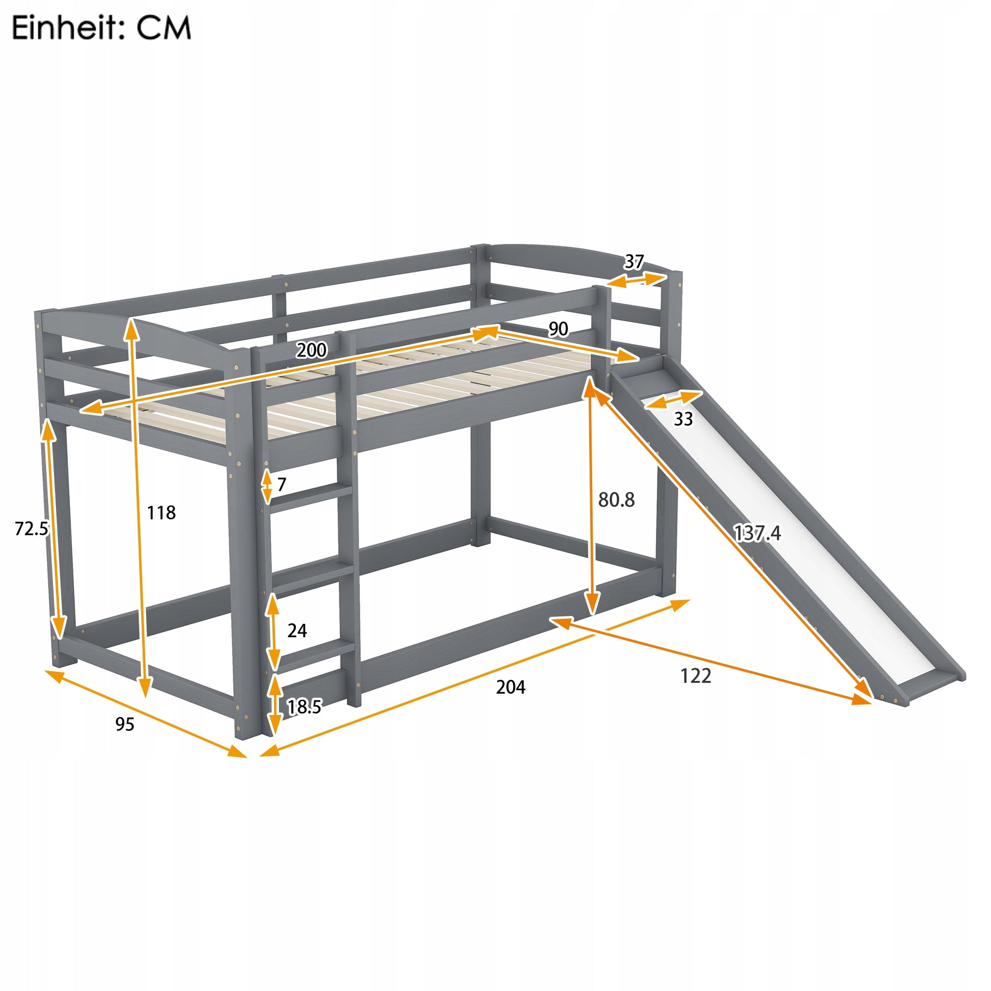 Letto a castello con scivolo - Xylo - 90x200 - Grigio