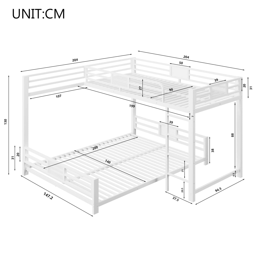 Letto a castello in metallo 90 × 200 cm et 140 × 200 cm con protezioni laterali, senza materasso, bianco