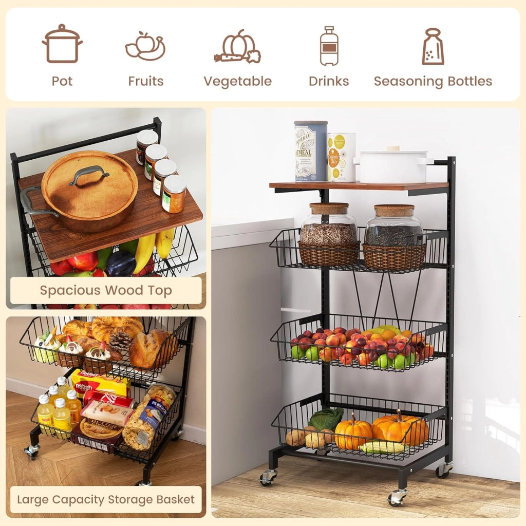 Carrello portaoggetti a 4 livelli, carrello da cucina con piano in legno, 3 cestini in metallo, telaio in metallo a 'W', carico totale 40 KG, mobile portaoggetti per cucina, camera da letto