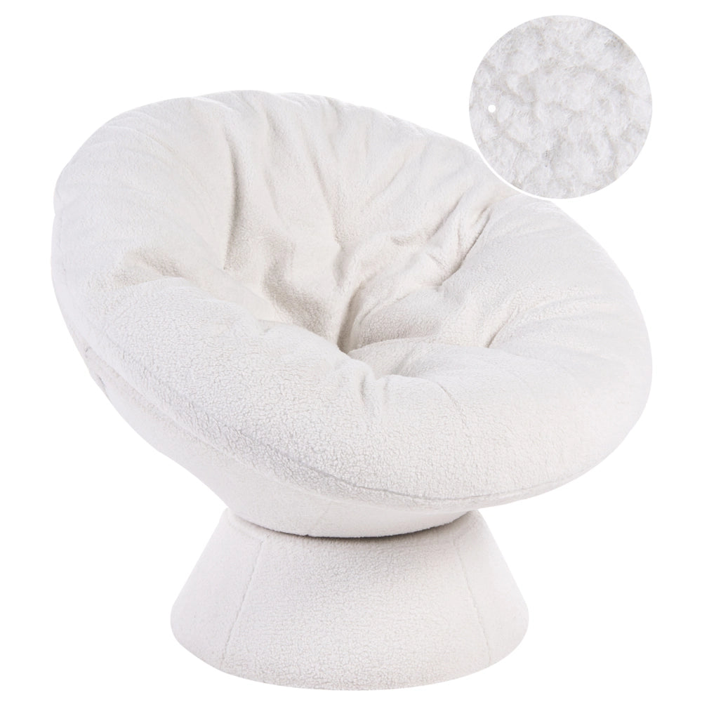 Poltrona Bouclé bianco sporco con base girevole a 360° Papasan a forma di ciotola stile moderno salotto angolo lettura