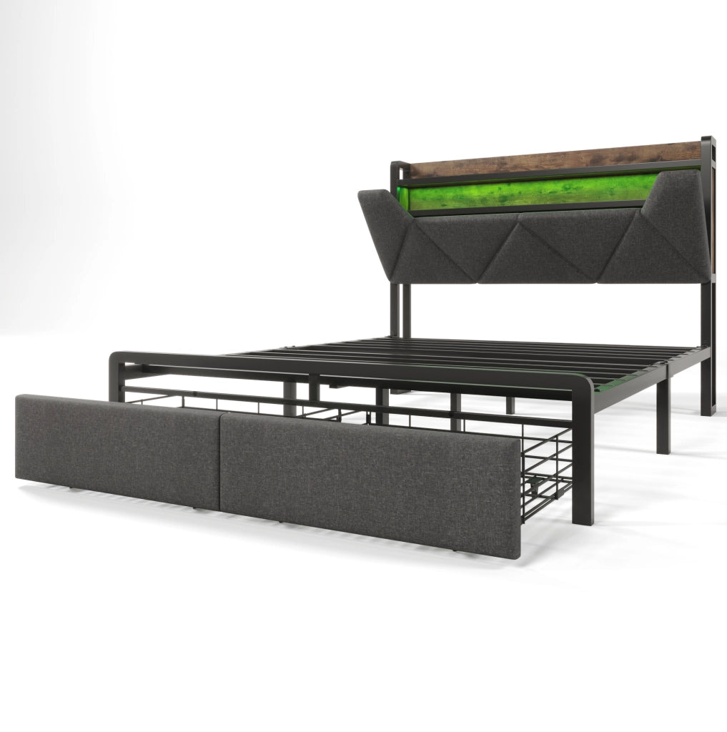 Letto matrimoniale 140x200 cm in lino grigio con testiera contenitore; LED; USB e cassetti
