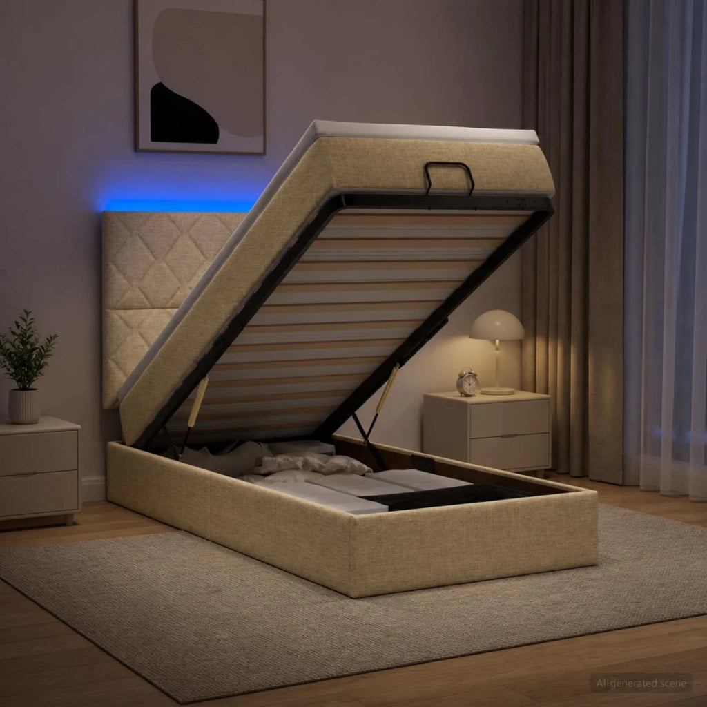 Letto Ottomano con Materasso e LED Crema 90 x 200 cm Tessuto 3458129