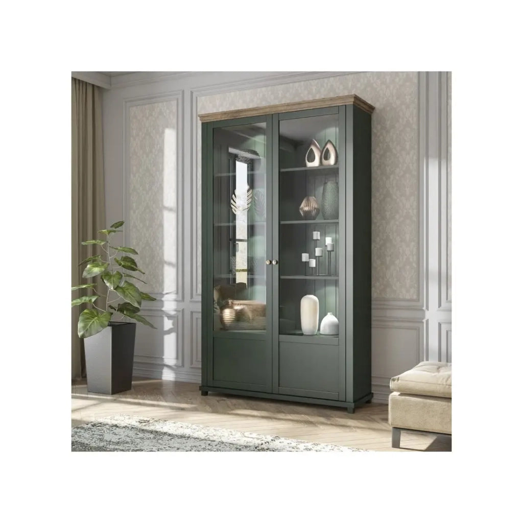 Vetrina larga a 2 porte con LED integrati collezione ASSIA. Colore verde e rovere.