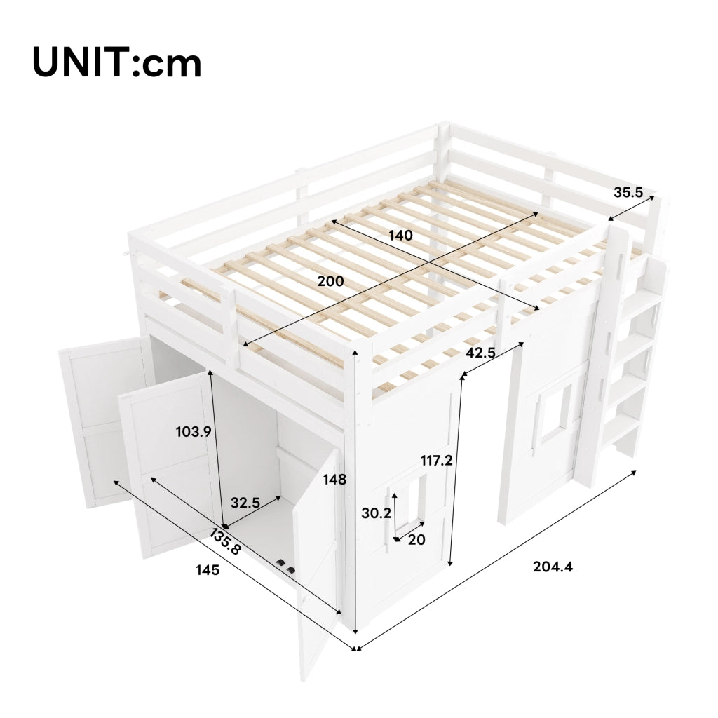 Letto a Soppalco con Armadio Integrato e LED ¨C MINIMAL ¨C Legno Bianco 140x200