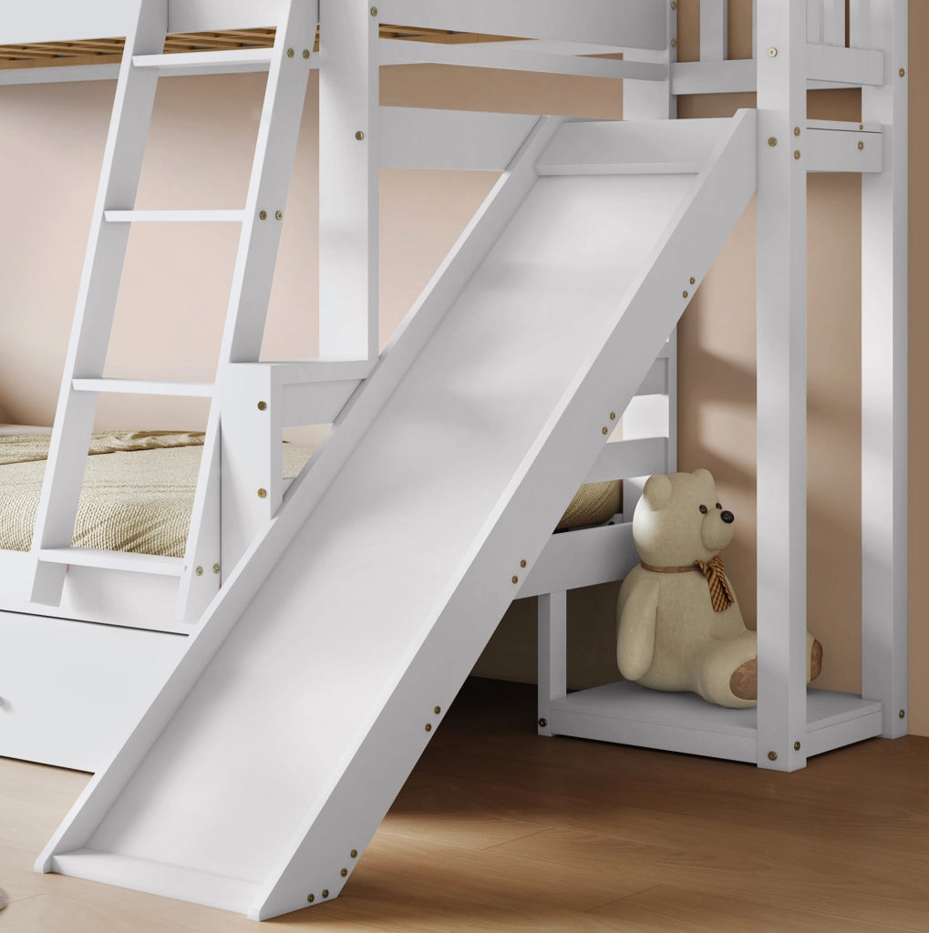 Letto a castello bianco 90x200 e 120x200 cm con scivolo, scala e 2 cassetti