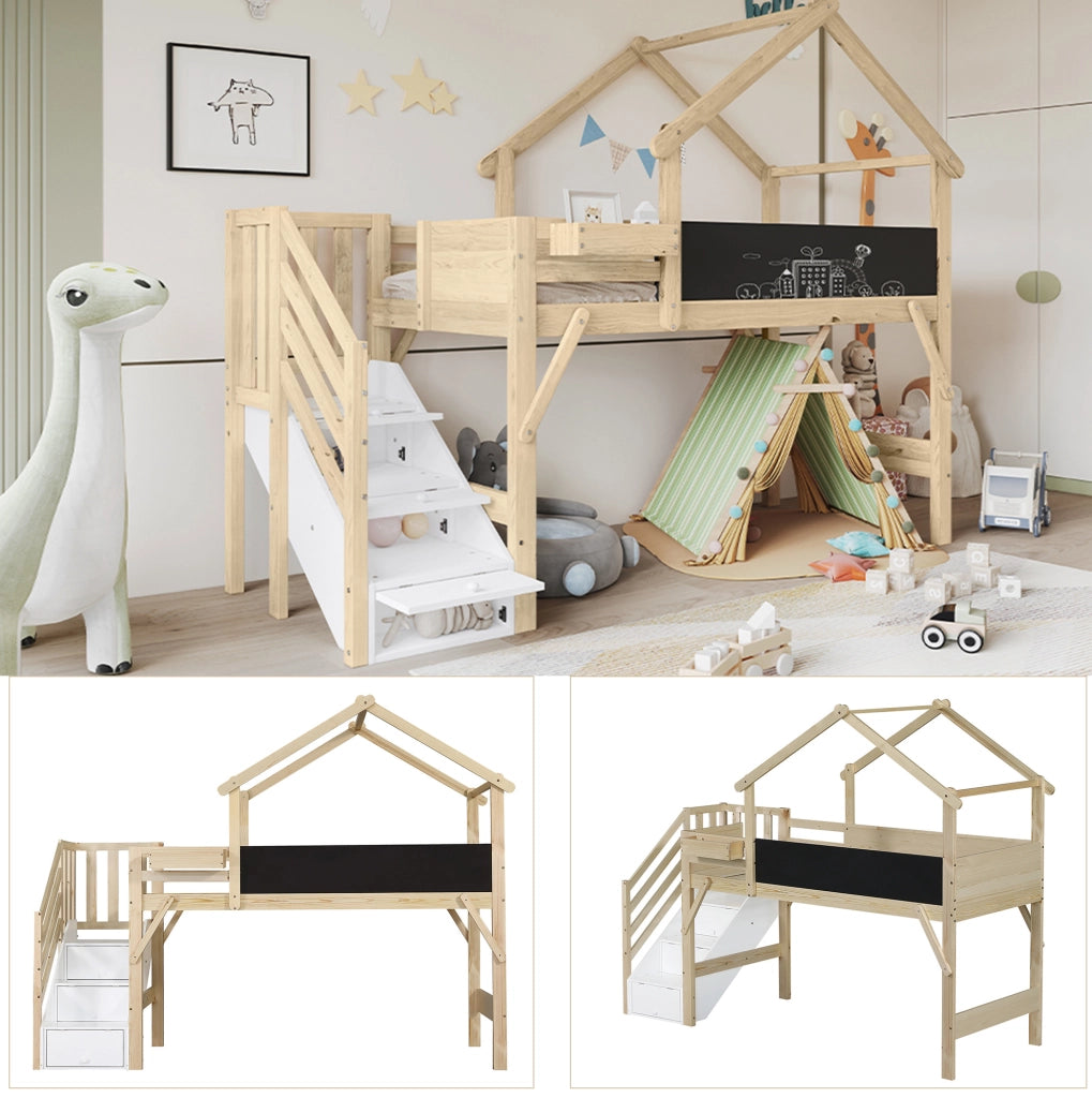 Letto a castello 90x200 cm con lavagna; scala contenitore a 3 vani; bianco e naturale