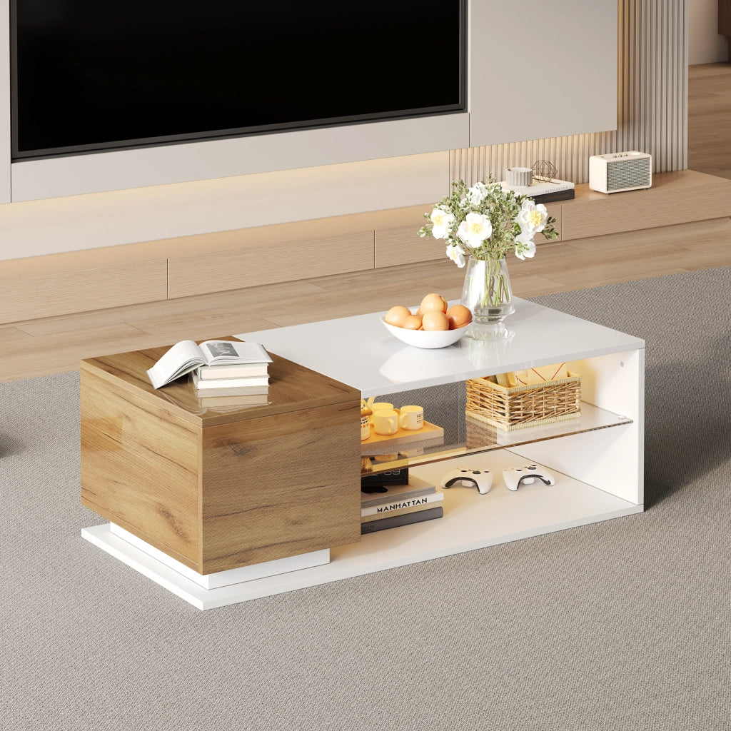 Tavolino da caffè 105x50x36 cm; con LED e spazio contenitivo; truciolare e vetro temperato; bianco e colore naturale