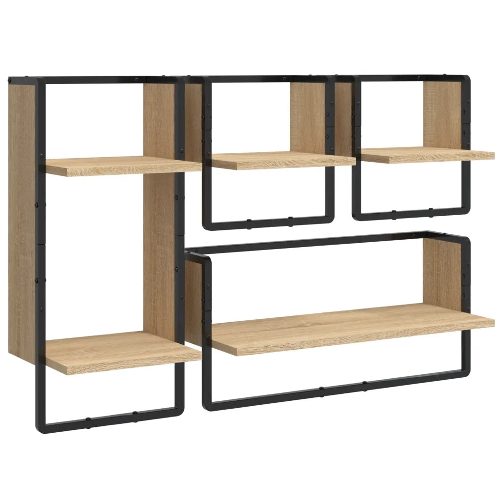 4 pz Set Mensole Parete | Mensola sospesa con Aste Rovere Sonoma Legno Multistrato