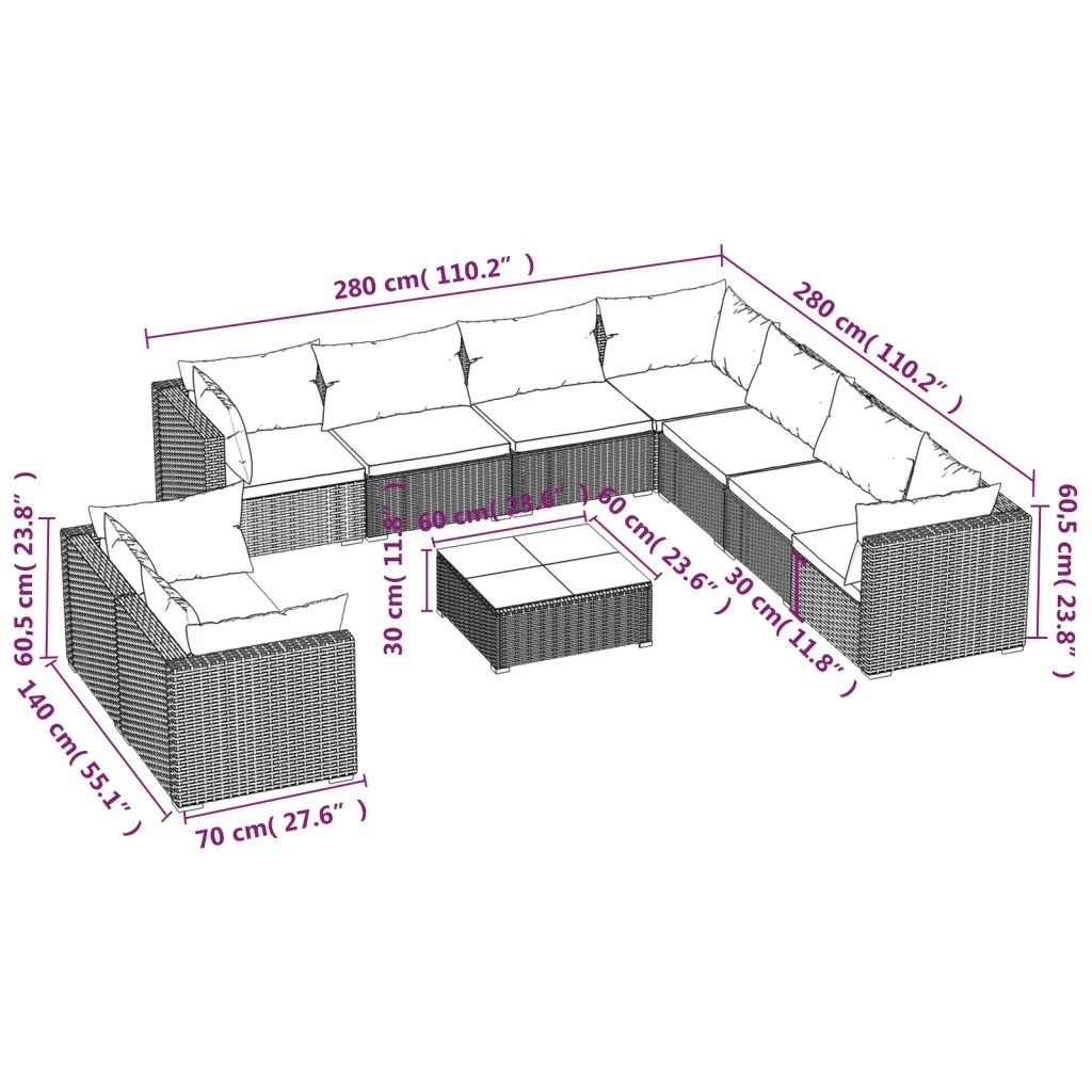 Set Divani da Giardino 10 pz con Cuscini in Polyrattan Marrone 3102507