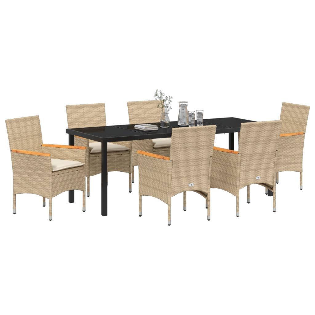 Set da Pranzo per Giardino a 7 Pezzi con Cuscini in Polyrattan Beige