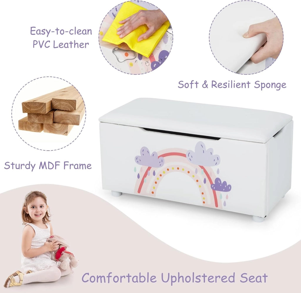 Scatola Portaoggetti con Coperchio Rimovibile, Piedini Regolabili e Maniglie in Tessuto, Scatola Imbottita in MDF PVC, Scatola Giocattolo per Bambini, 75 x 36 x 38, Bianco - Arcobaleno