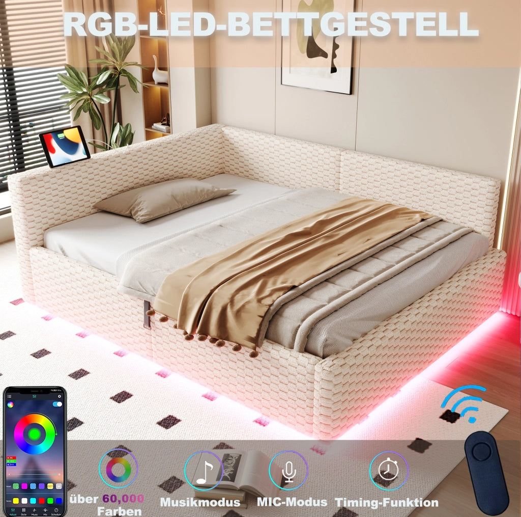 Letto matrimoniale 140x200 cm con contenitore; LED; USB e USB-C in velluto beige