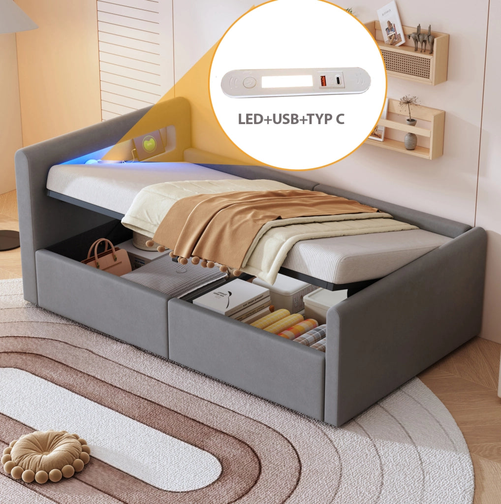 Letto imbottito per bambini 90x200 cm in velluto grigio chiaro con LED; USB e contenitore idraulico
