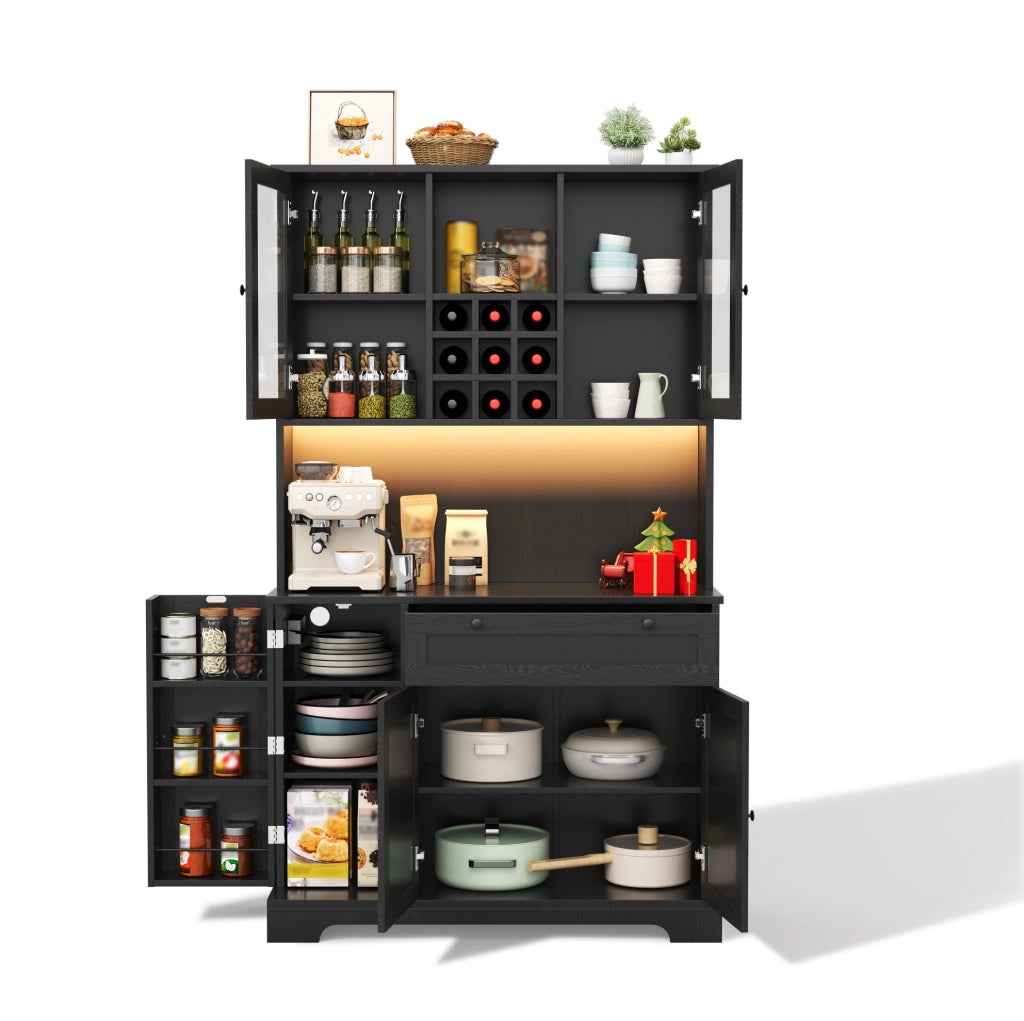Credenza cucina alta 180x105x40 cm con LED; prese USB e AC; MDF nero