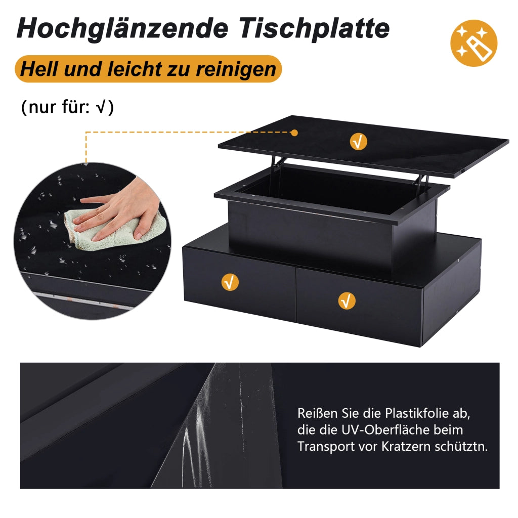 Tavolino da caffè sollevabile LED con 4 cassetti e vano portaoggetti, per soggiorno, nero, 90 × 55 × 41 cm