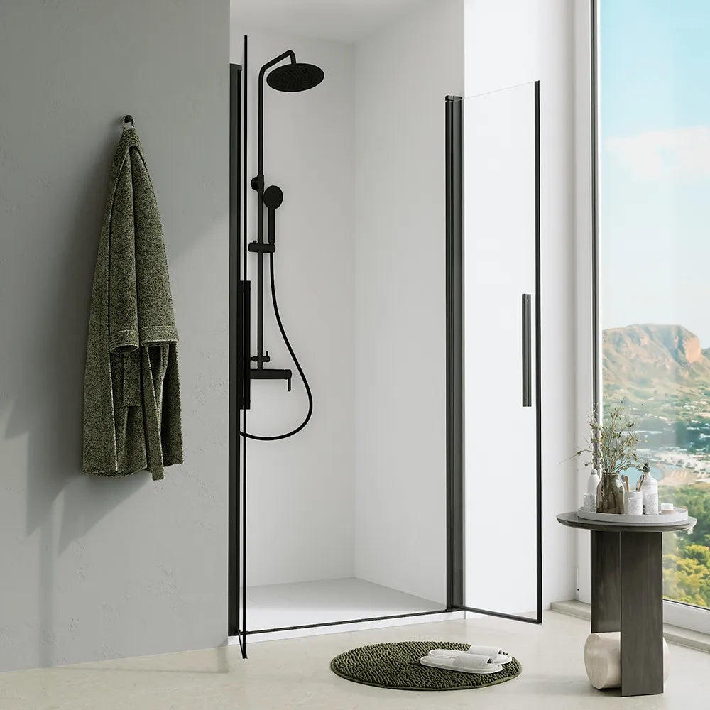 Porta doccia 70cm apertura saloon con profili nero opaco e vetro da 6mm trasparente h195 | Elba