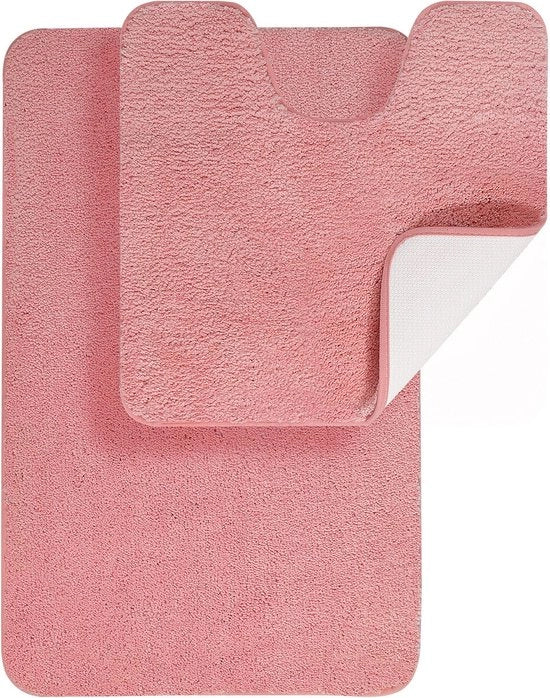 Set di tappeti da bagno (2 pezzi), antiscivolo e lavabile, tappeto da bagno in microfibra spessa, misura 50x80 cm e tappeto da toilette 50x50 cm, colore rosa