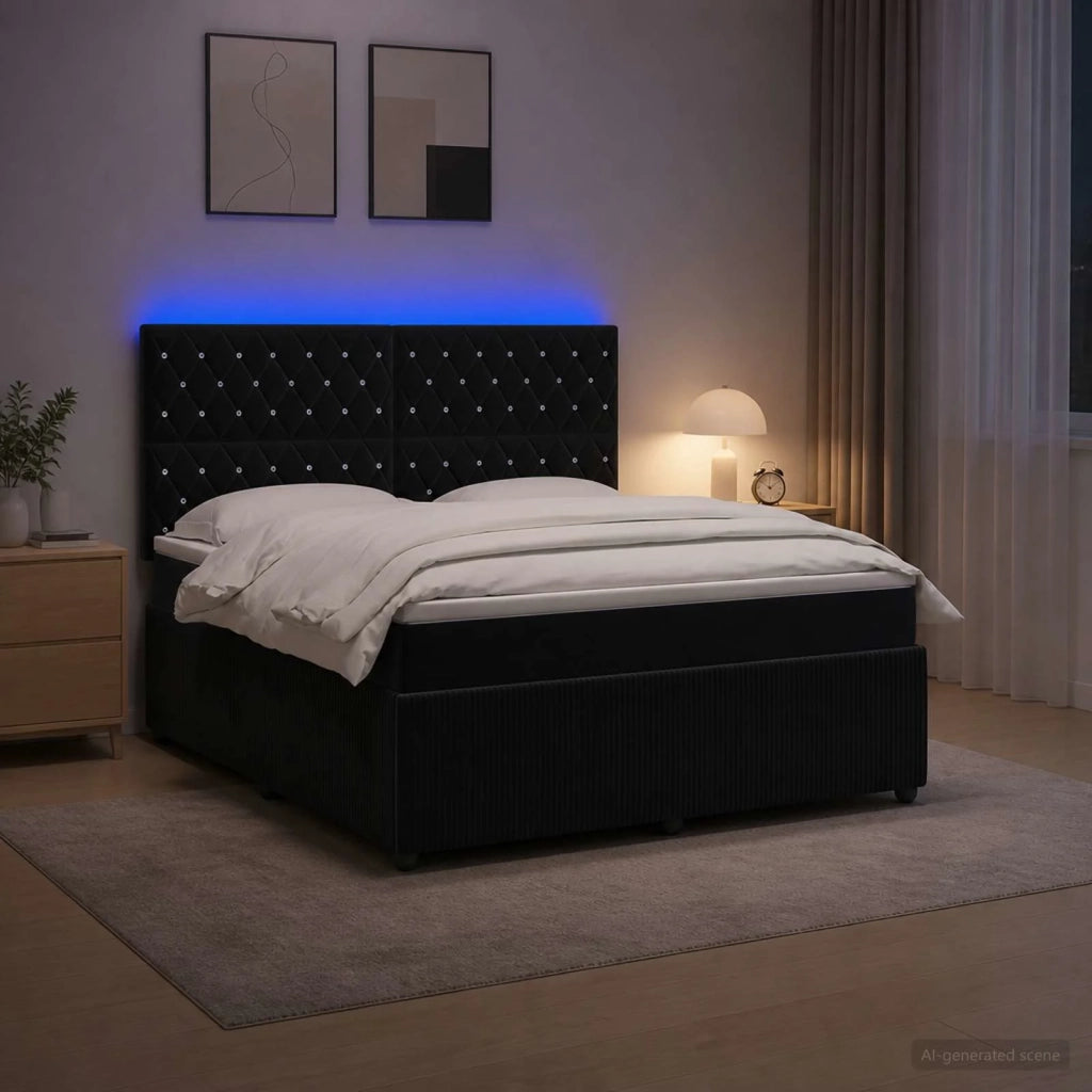Letto Box Spring LED con Materasso Nero 140 x 200 cm Velluto 3456079