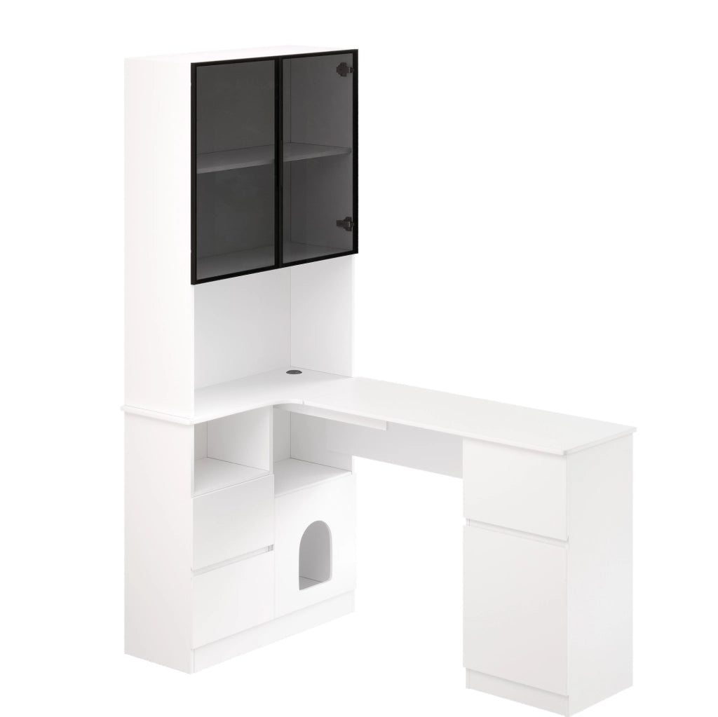 Scrivania ad angolo 120x80x180 cm con vetrina LED; in MDF bianco