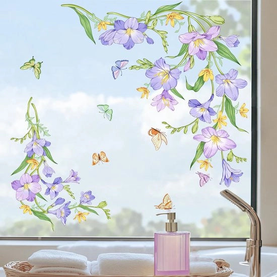 Decorazione per finestre con immagini di fiori e farfalle per protezione antisole per finestre con vetri, decorazione per interni per soggiorno, cucina e ufficio.
