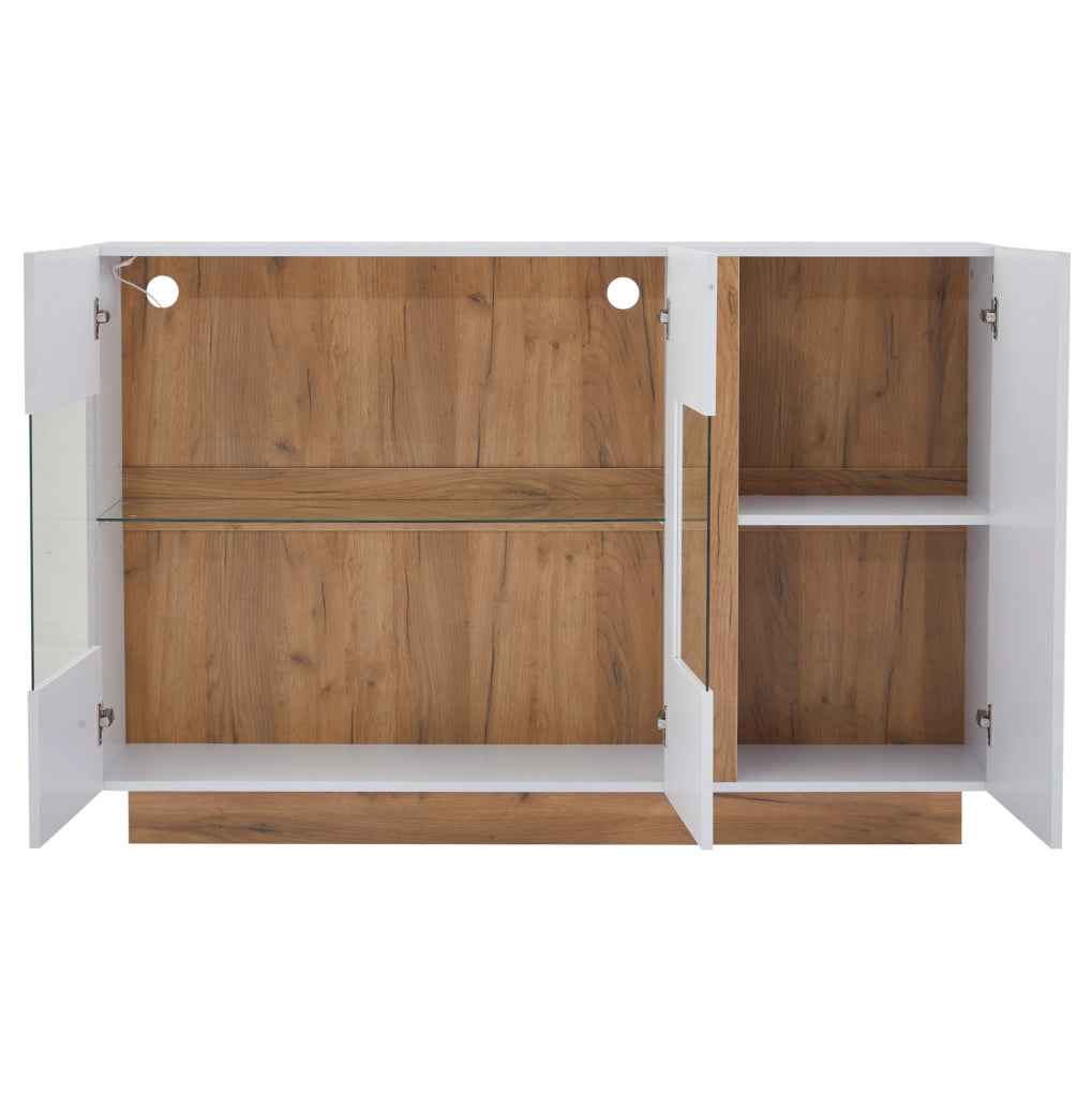 Credenza con 3 ante; luci LED RGB e finitura lucida in truciolato bianco