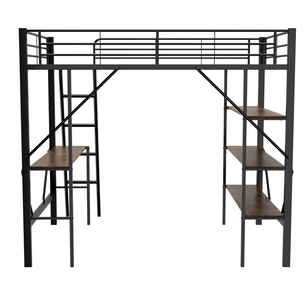 Letto a Soppalco Letto Singolo con Scrivania; 3 Ripiani e Scala 90×200 cm; senza Materasso; Metallo Nero