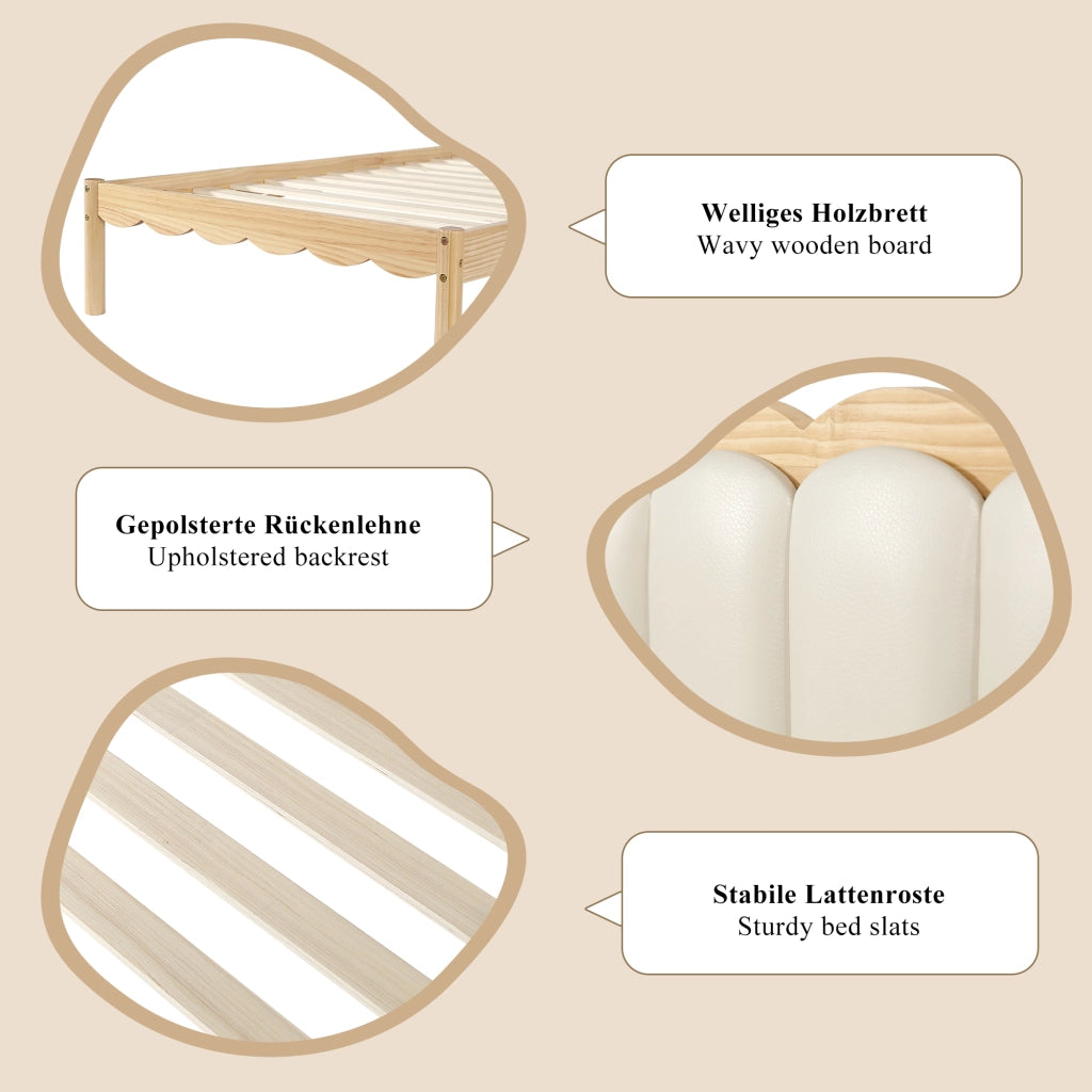 Letto per bambini 90 × 200 cm con testiera in PU, struttura in legno massiccio, senza materasso, beige naturale