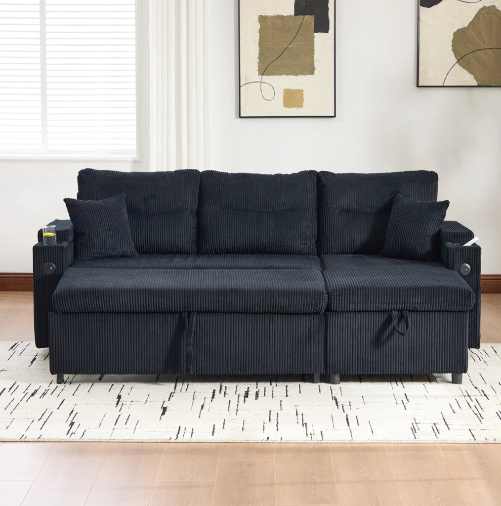 Divano 3 posti in tessuto corduroy nero con chaise longue idraulica; letto estraibile e USB-C