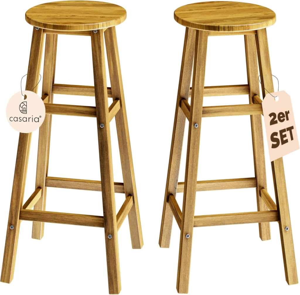 ® Set di 2 Sgabelli da Bar in Legno D'acacia Altezza 75cm Design Rustico Sedia da Cucina Sgabello Tondo Bancone Poggiapiedi