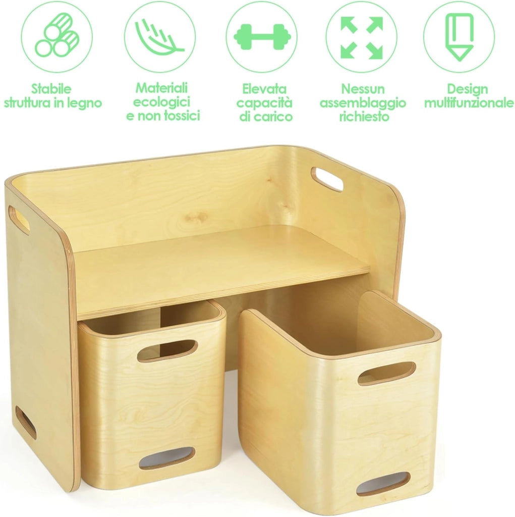 COSTWAY Set Tavolo e 2 Sedie per Bambini 2-9 Anni, Set Multiuso in Legno di Faggio con Maniglie Ergonomiche, Design Salvaspazio, Senza Montaggio, Portata 100 kg (Naturale)