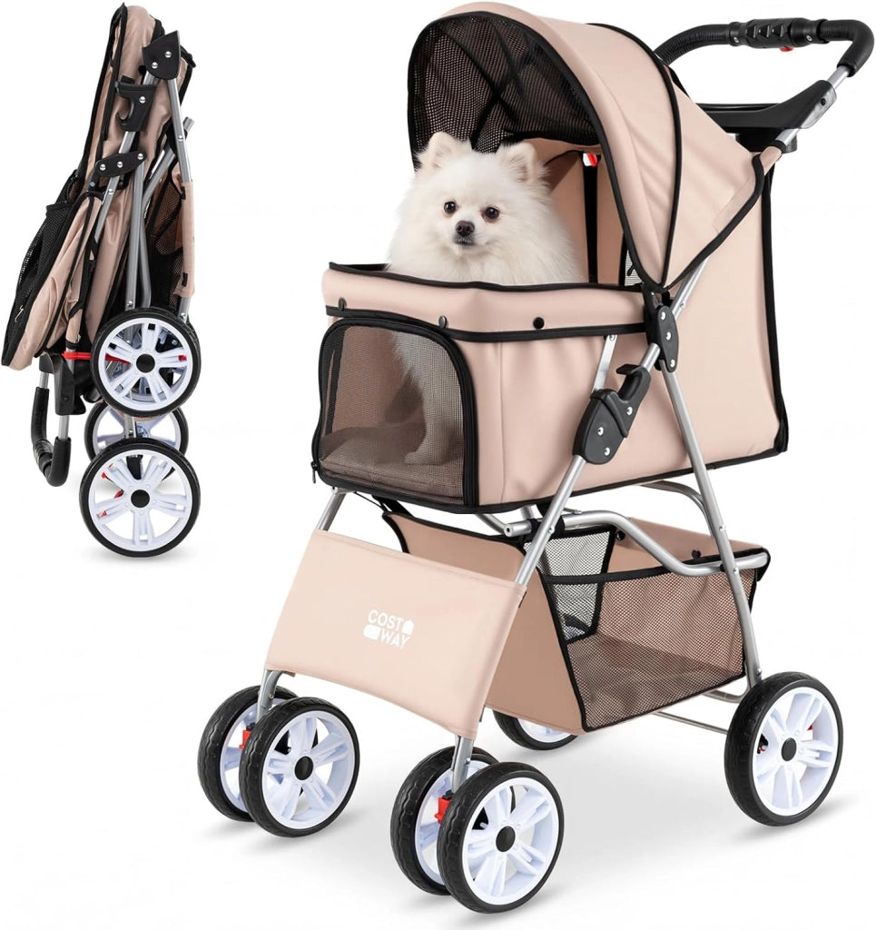 Passeggino per Cani Piccoli Pieghevole Facile, Carrozzina per Cani Portata Fino a 15 kg con Rete Traspirante e Copertura Impermeabile, Passeggino per Gatti per Viaggio (Beige)