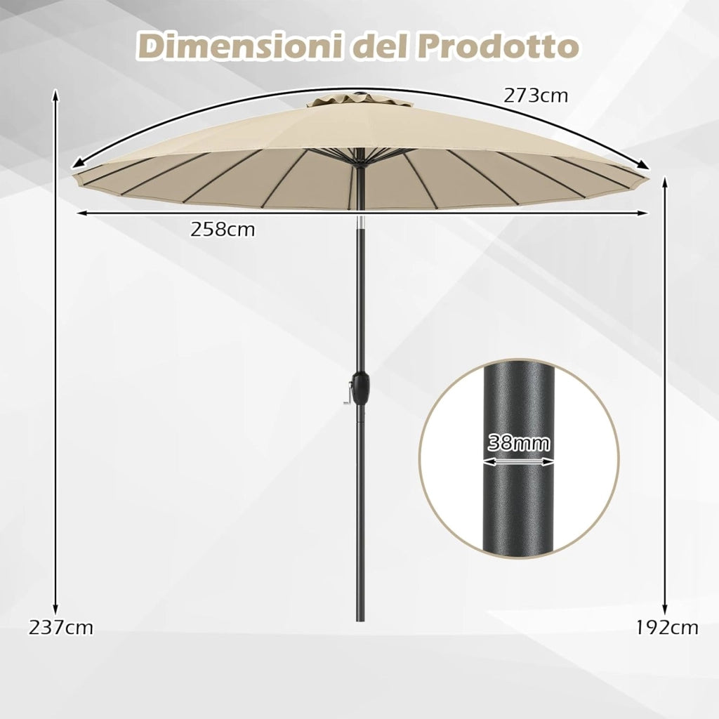 Ombrellone da Giardino 260 cm, Inclinazione Regolabile con 18 Stecche, Tettuccio Ventilato, Ombrellone Pighevole con Manovella, per Giardino Spiaggia