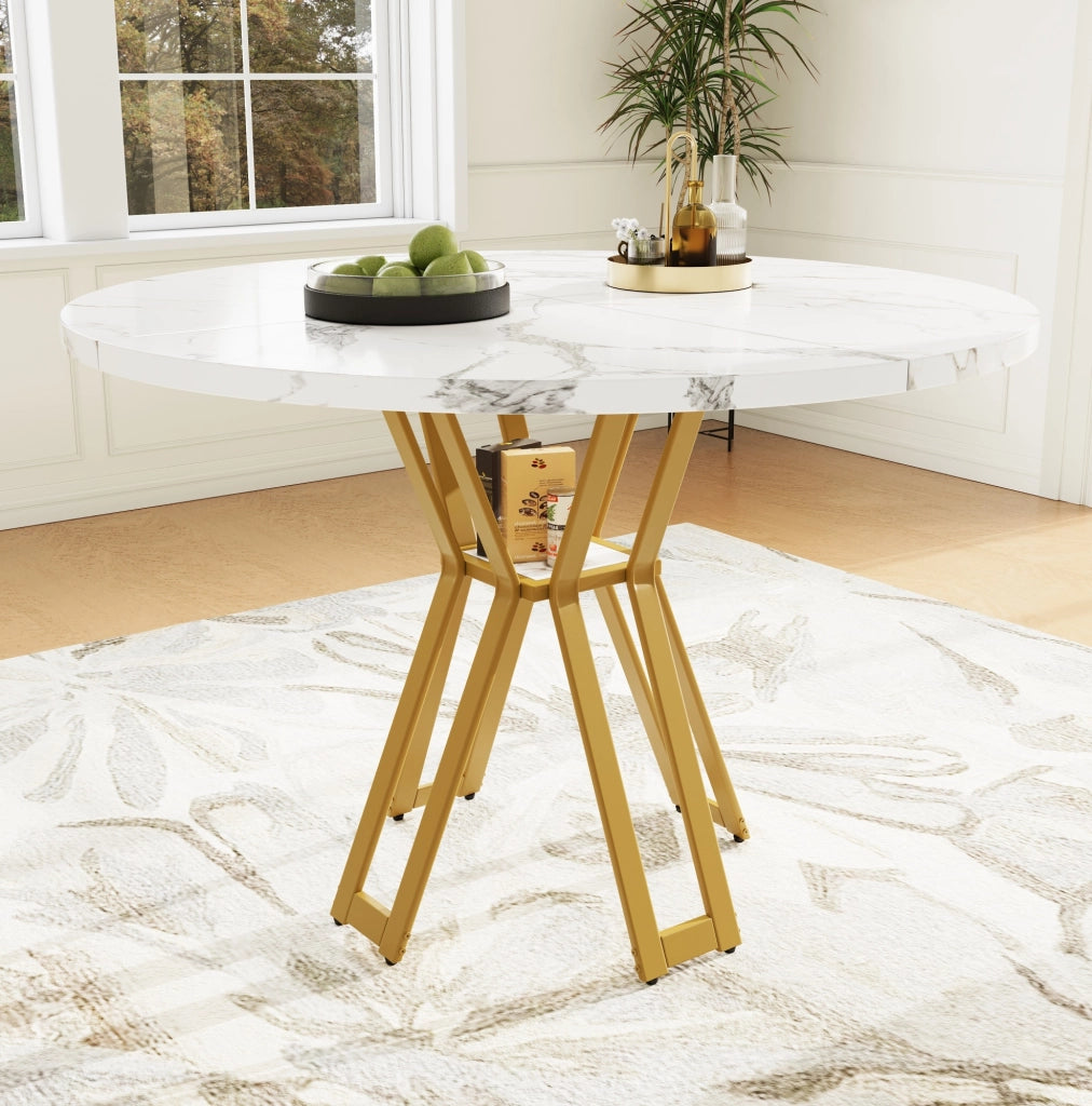 Tavolo da pranzo rotondo 100x100x76 cm in MDF e metallo; bianco e oro