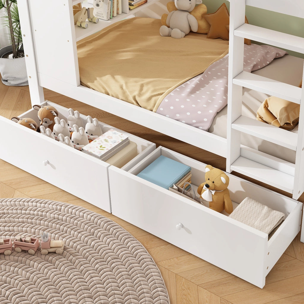 Letto a castello 90x200 cm in legno bianco con 2 cassetti, ripiano e scaletta
