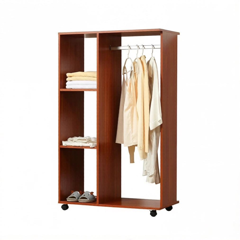 Armadio aperto mobile 80x40x128 cm con 4 ruote; ripiani e asta in alluminio; truciolare noce