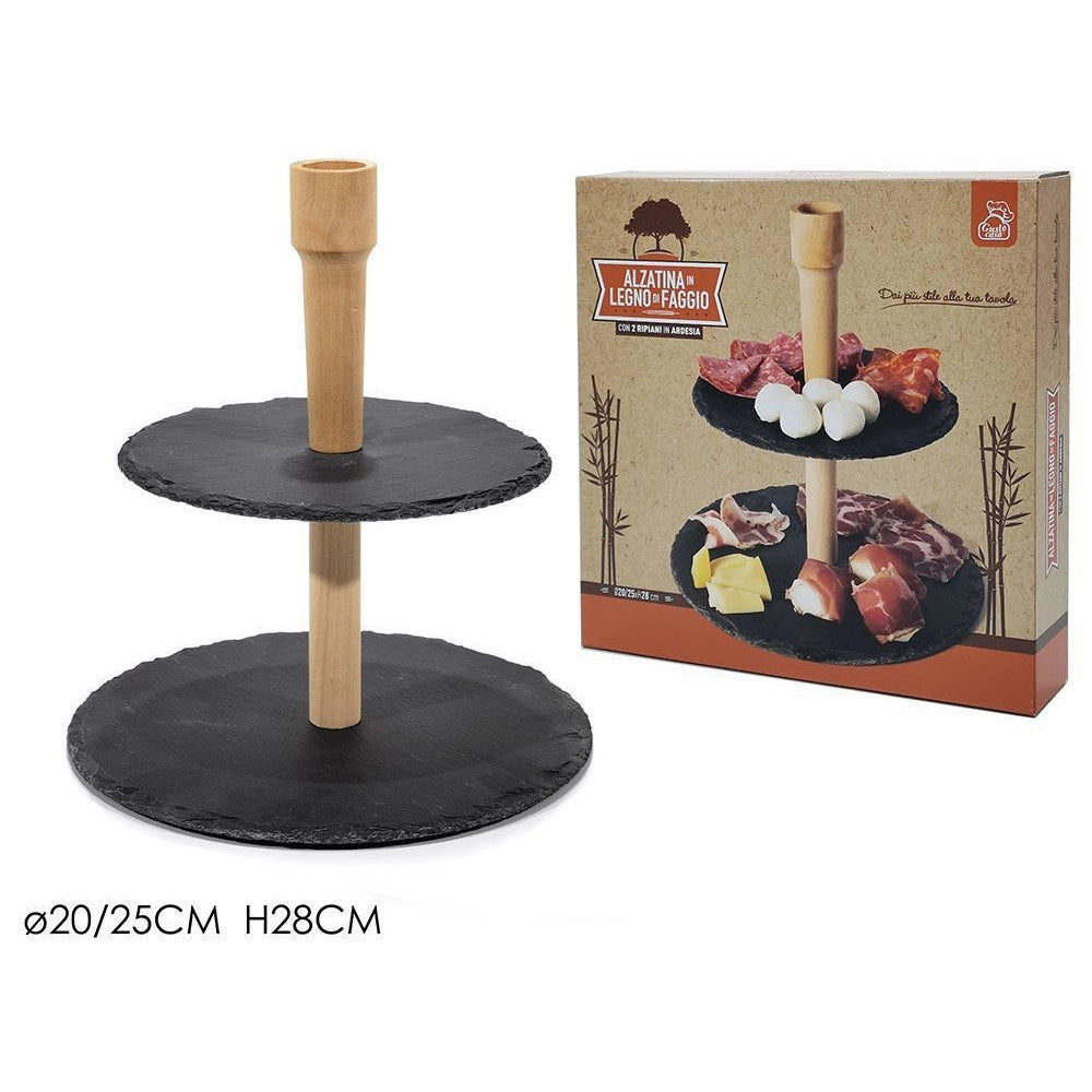 Trade Shop - Alzatina Stand Porta Dolci Rustici 2 Piani In Ardesia 20/25cm Legno Finger Food -