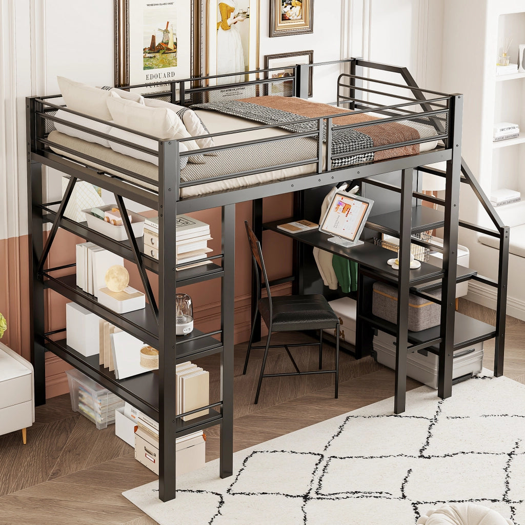 LETTO A CASTELLO 140x200 cm nero con scrivania, armadio e scaffale