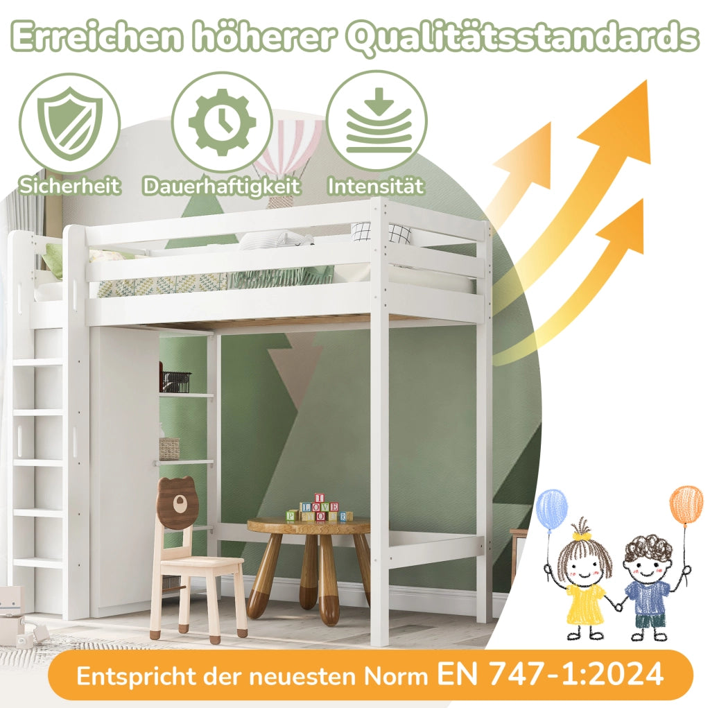 Letto a soppalco per bambini 90x200 cm con armadio e 4 ripiani; bianco