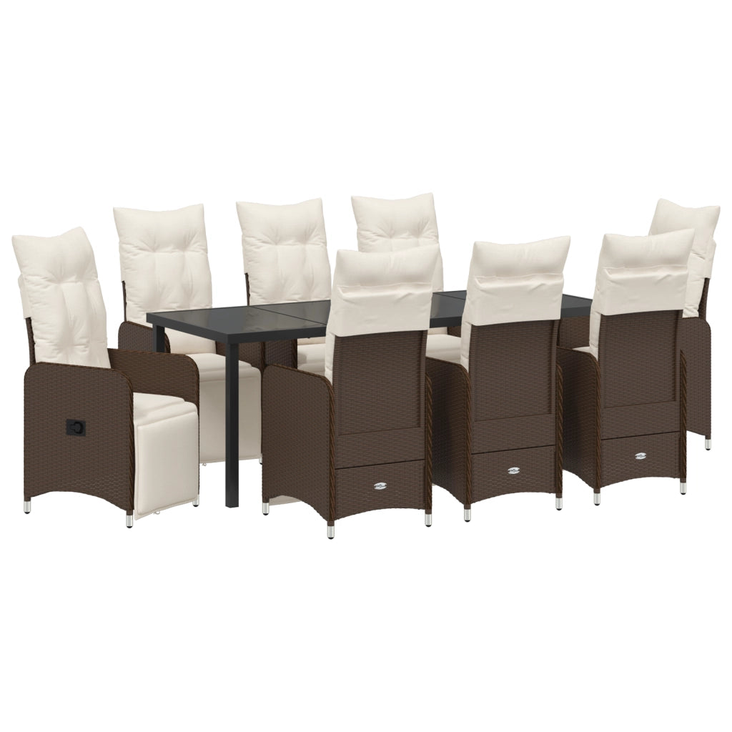 Set da Pranzo da Giardino 9 Pezzi con Cuscini Marroni Polyrattan
