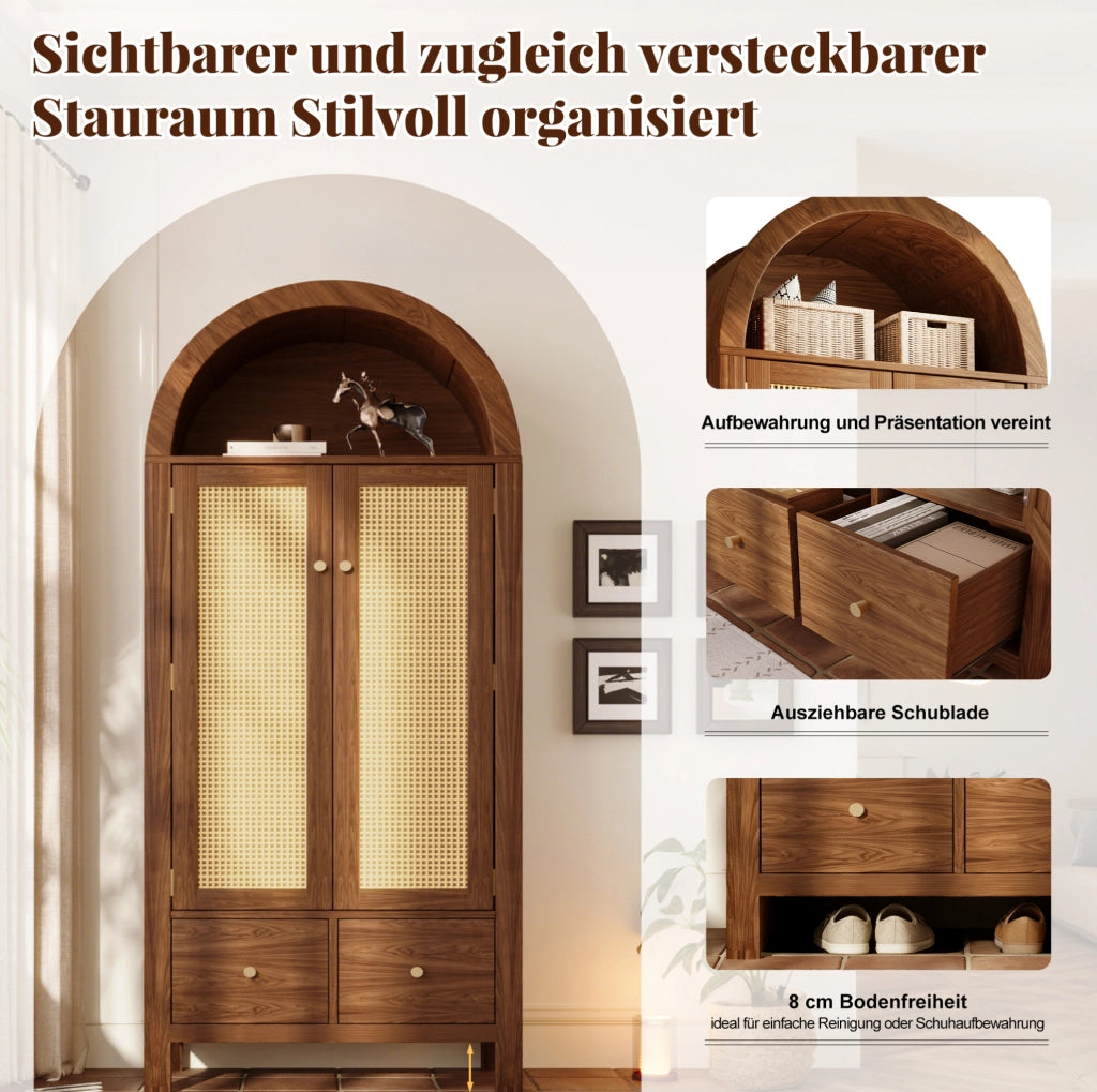 Armadio guardaroba 181x78x45 cm con effetto noce; intreccio rattan; 2 cassetti