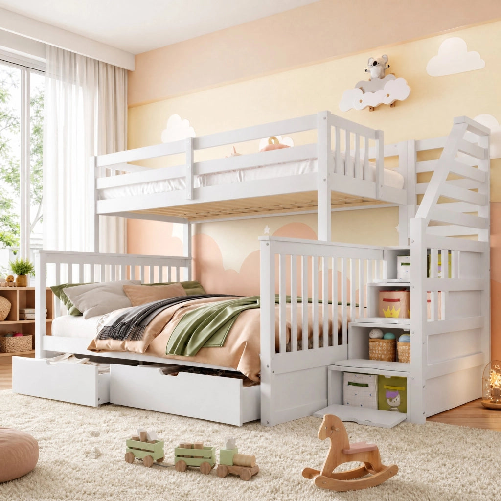 LETTO A CASTELLO 90x200/140x200 cm Bianco in legno di pino con cassetti