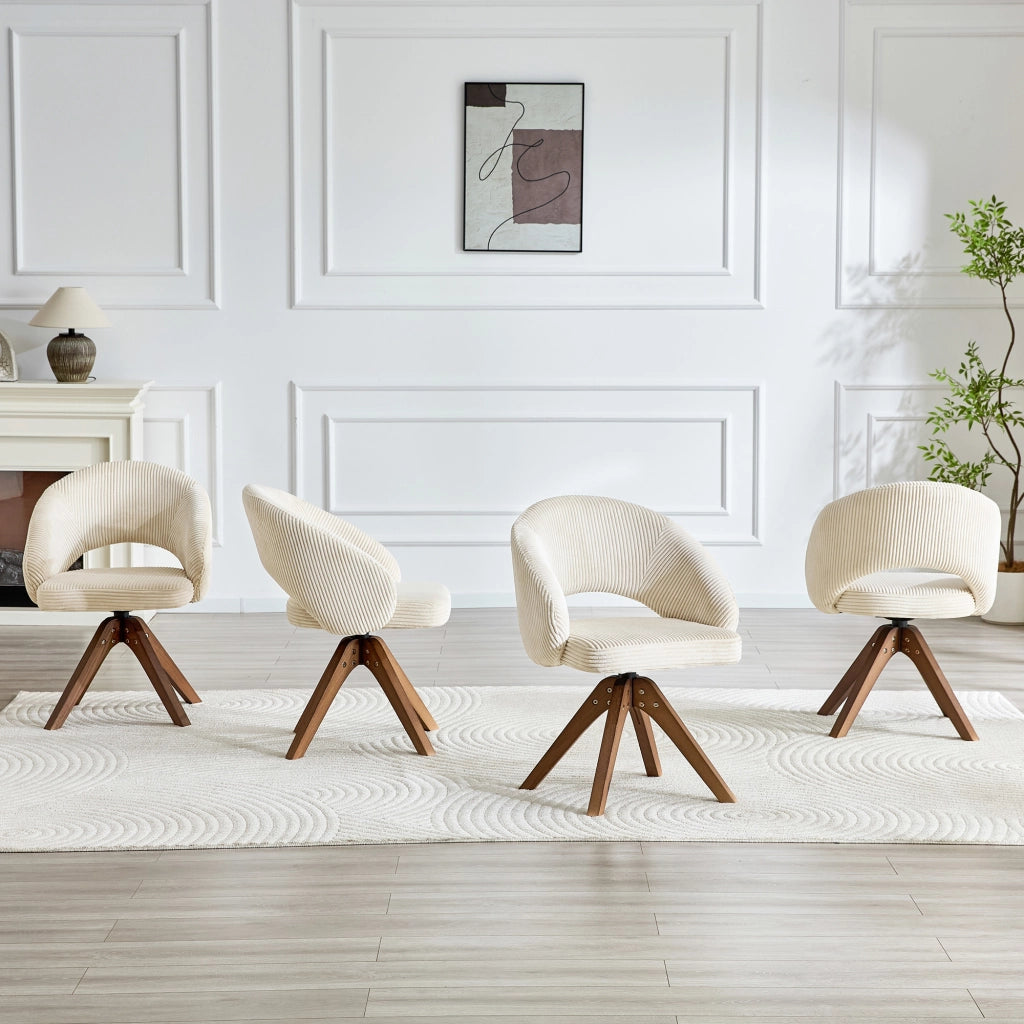 Set 2 Sedie Girevoli Retr¨° ¨C MINIMAL ¨C Tessuto Bianco a Righe, Gambe in Legno Massello Noce, Schienale