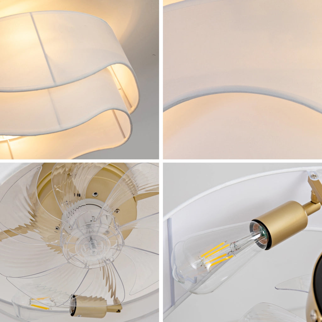 Ventilatore da soffitto con luce; controllo via app e telecomando; tessuto e plastica oro e bianco