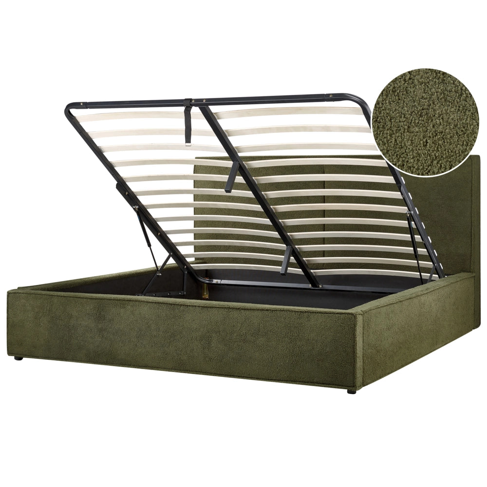 Letto king size 180 x 200 cm Verde Scuro Rivestimento in bouclé Ottomana di contenitore Telaio a doghe Camera da letto moderna contemporanea