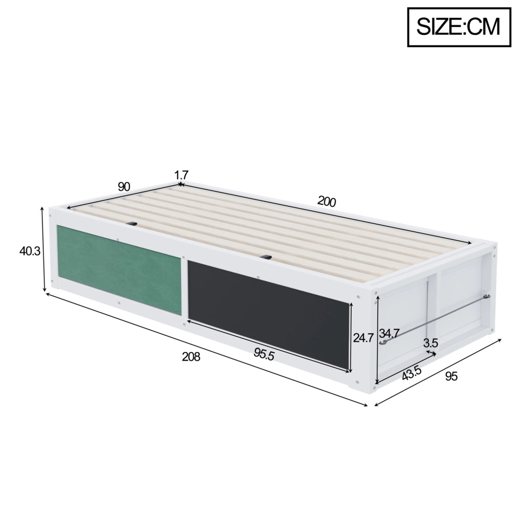 Letto per bambini 90x200 cm con contenitore idraulico; lavagna e pannello in feltro bianco