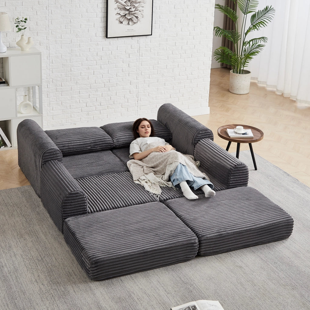 Divano letto modulare in velluto a coste con chaise longue rimovibile e braccioli curvi grigio per soggiorno e relax