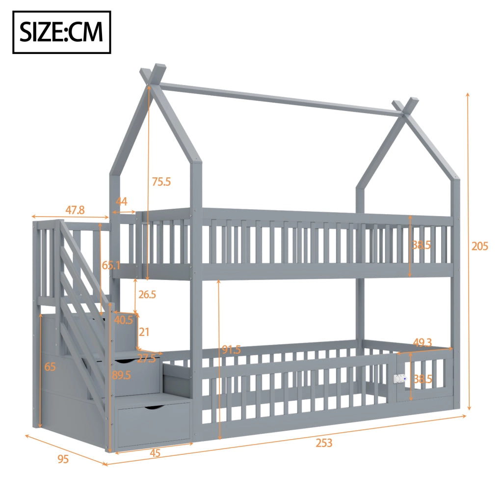Letto a castello per bambini 90x200 cm in legno massello di pino; con scala; cassetti e finitura grigia