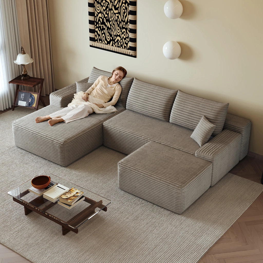 Divano angolare con chaise longue e seduta profonda in tessuto a coste, colore camel, 270 × 175 × 83 cm