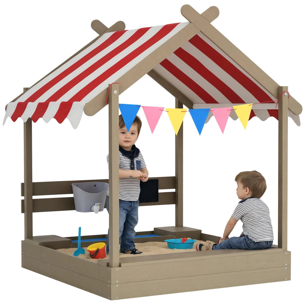 Casa di gioco per bambini con sabbiera e ombrellone ¨C zephmum ¨C 124x116x146 cm, legno massello, grigio