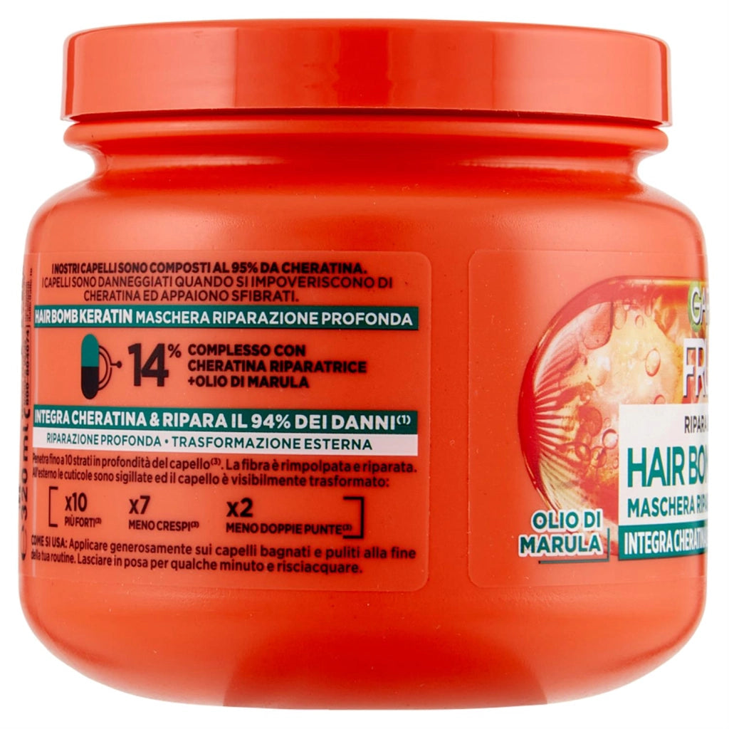 GARNIER FRUCTIS 2 CONFEIZIONI MASCHERA RIMPOLPANTE X CAPELLI DANNEGGIATI RIPARA  CON OLIO DI MARULA E CHERATINA, 320 ML L'UNA
